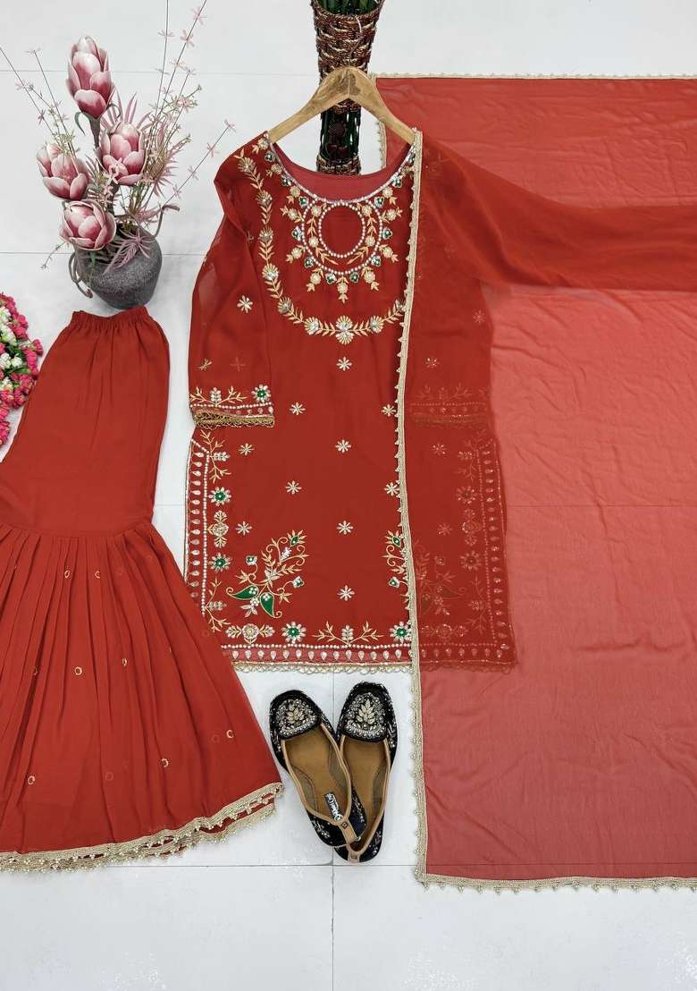 Brown Embroidery Georgette Kurta Set - Indya