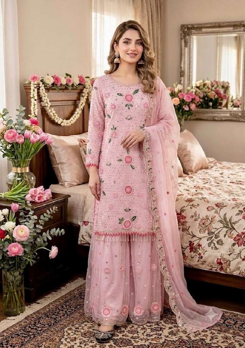 Pink Embroidery Georgette Kurta Set - Indya