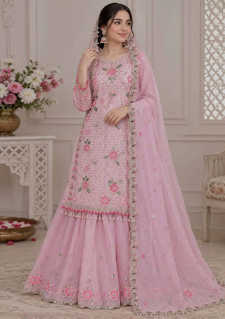 Pink Embroidery Georgette Kurta Set - Indya