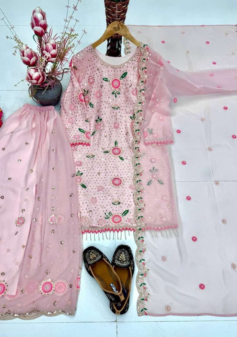 Pink Embroidery Georgette Kurta Set - Indya