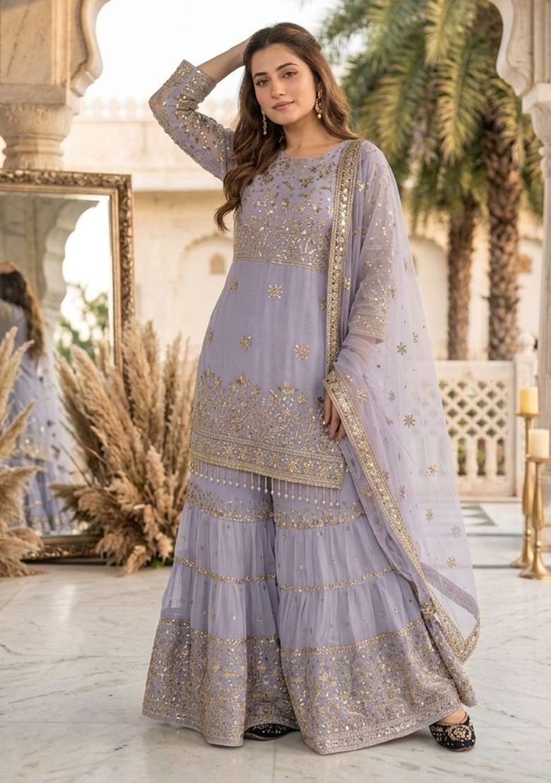 Purple Embroidery Georgette Sharara Set - Indya
