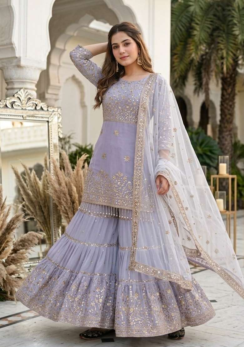 Purple Embroidery Georgette Sharara Set - Indya