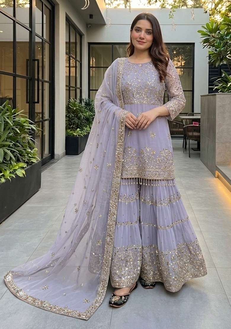 Purple Embroidery Georgette Sharara Set - Indya