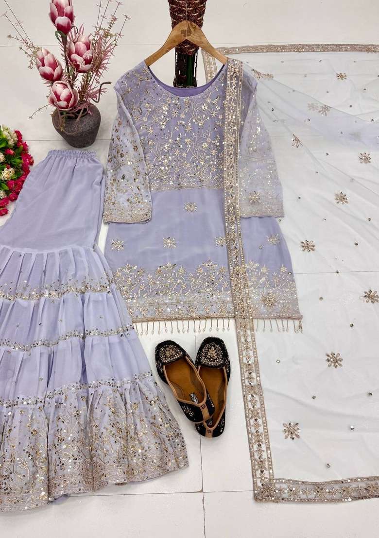 Purple Embroidery Georgette Sharara Set - Indya