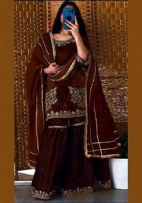 Brown Embroidery Crepe Sharara Set