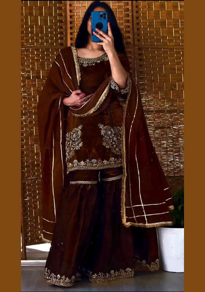 Brown Embroidery Crepe Sharara Set - Indya