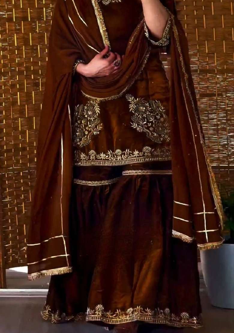 Brown Embroidery Crepe Sharara Set - Indya