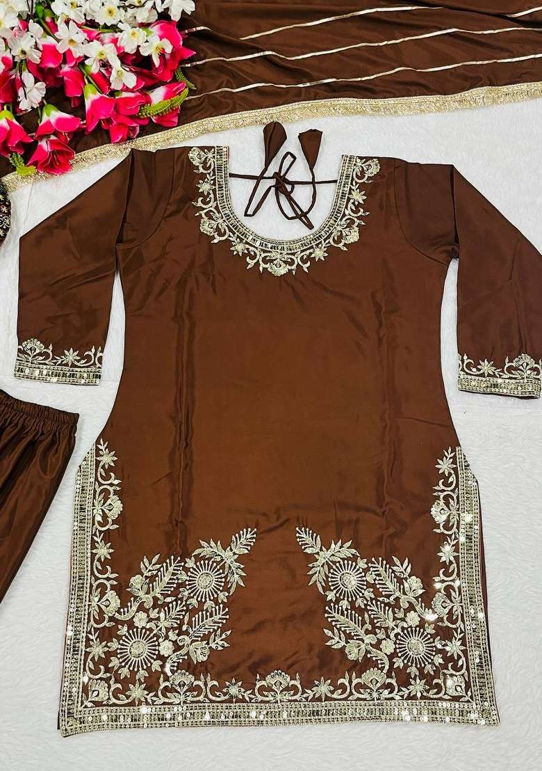 Brown Embroidery Crepe Sharara Set - Indya