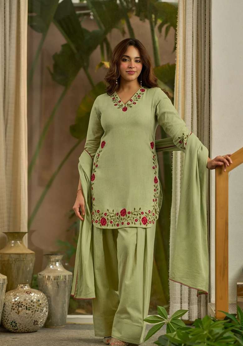 Green Embroidery Cotton Farshi Kurta Set - Indya
