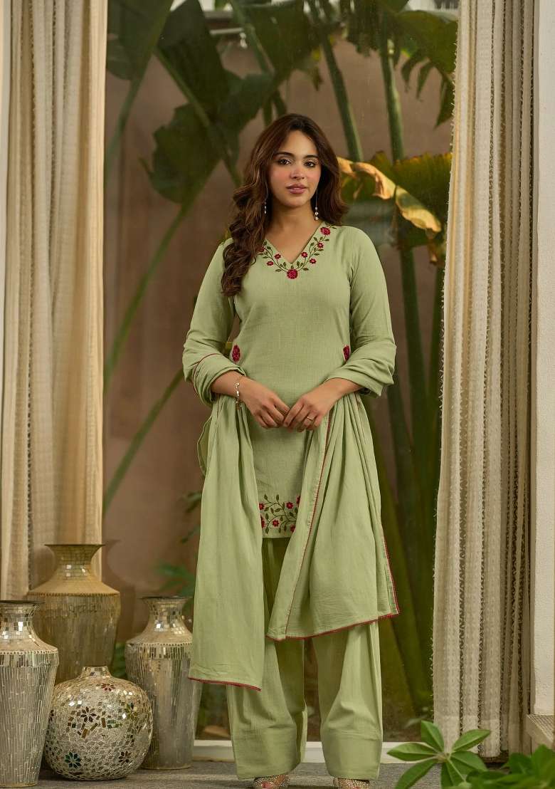 Green Embroidery Cotton Farshi Kurta Set - Indya