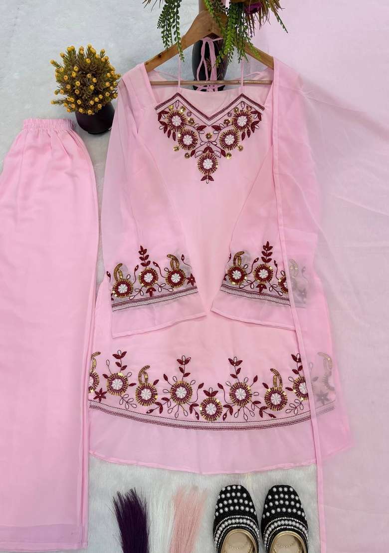 Pink Embroidery Georgette Kurta Set - Indya