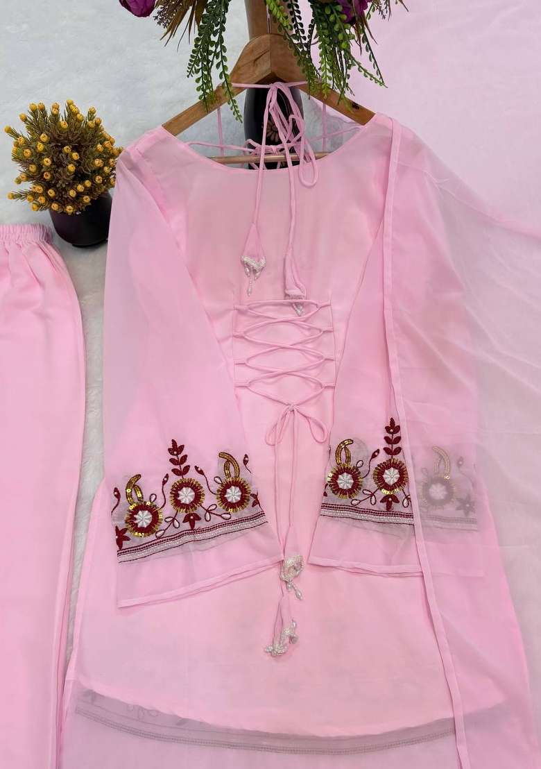 Pink Embroidery Georgette Kurta Set - Indya