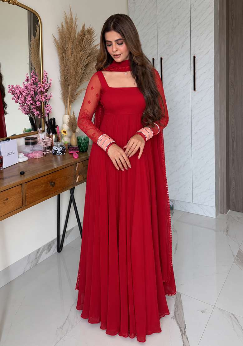 Red Embroidery Georgette Anarkali Set - Indya
