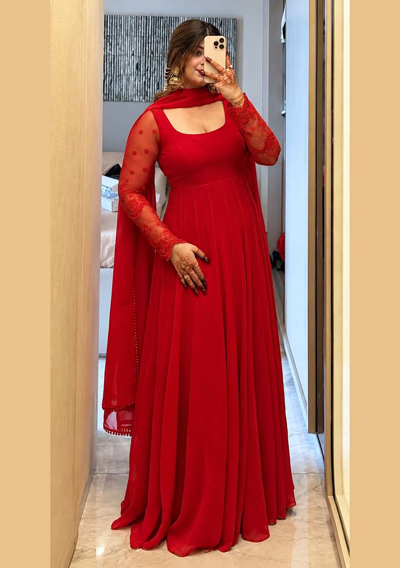 Red Embroidery Georgette Anarkali Set - Indya