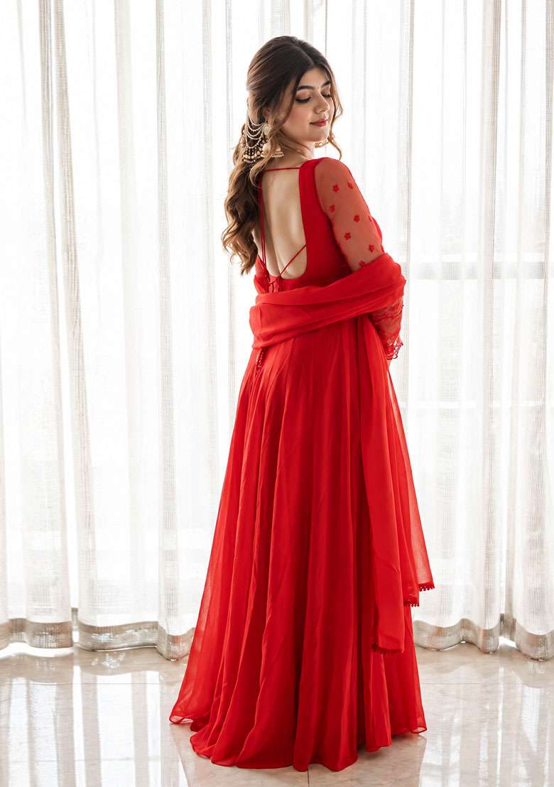 Red Embroidery Georgette Anarkali Set - Indya