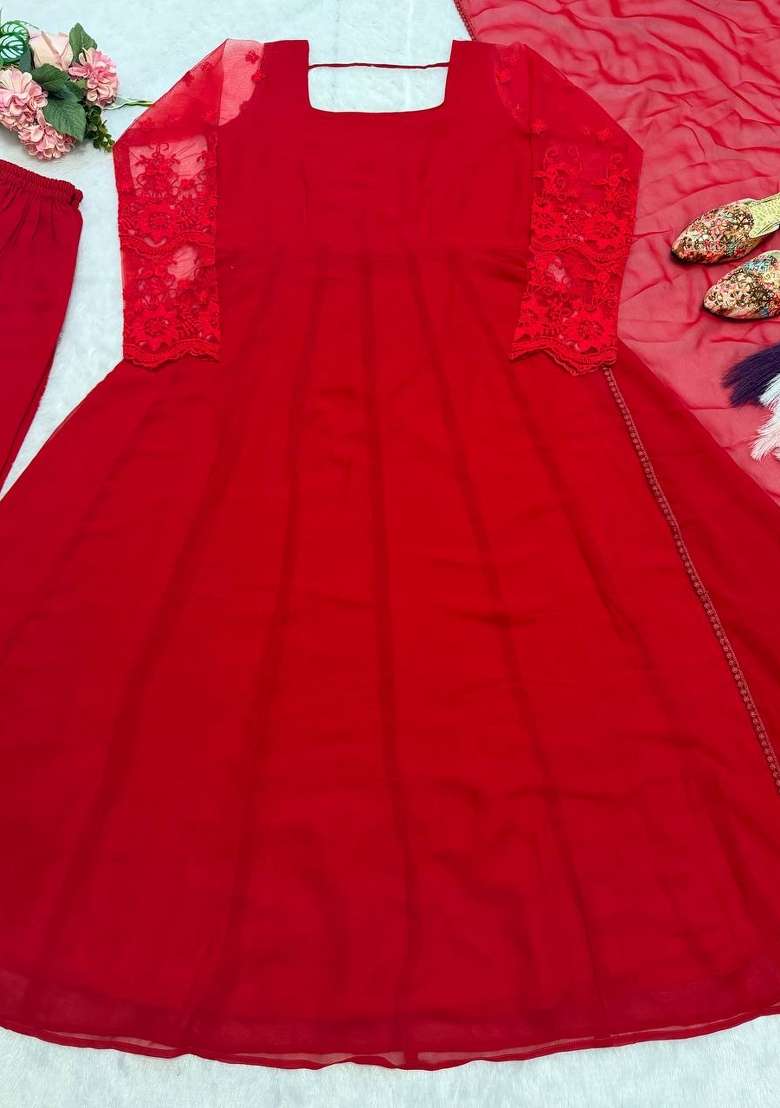 Red Embroidery Georgette Anarkali Set - Indya