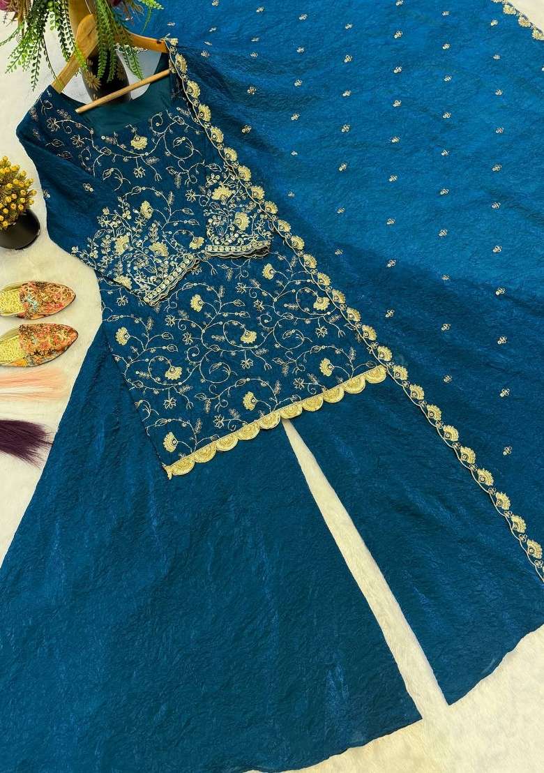 Blue Embroidery Silk Kurta Set - Indya