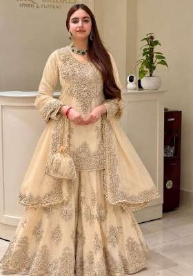 Cream Embroidery Silk Kurta Set