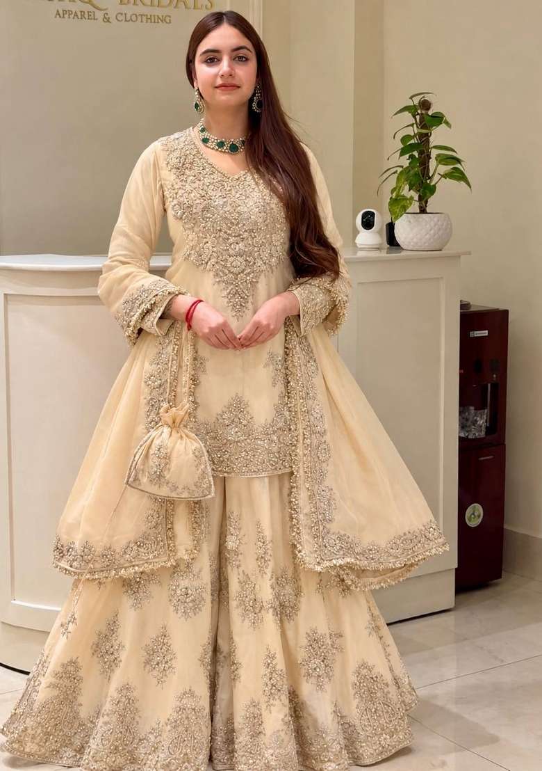 Cream Embroidery Silk Kurta Set - Indya