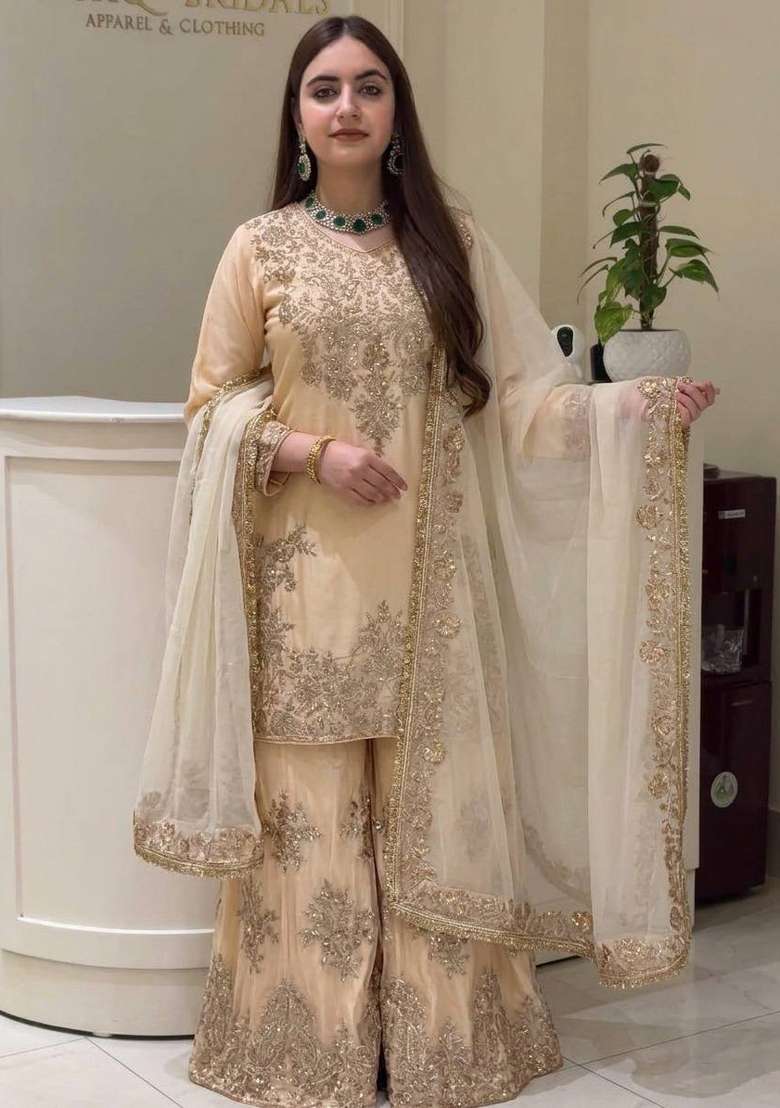Cream Embroidery Silk Kurta Set - Indya