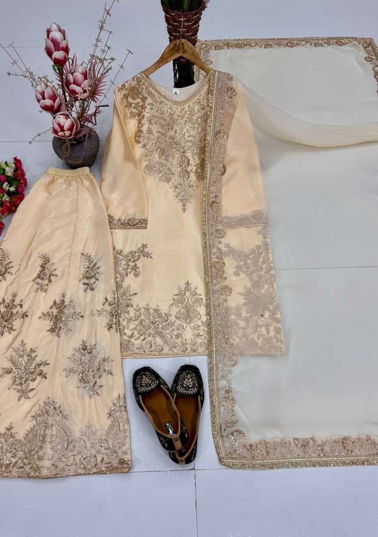 Cream Embroidery Silk Kurta Set - Indya