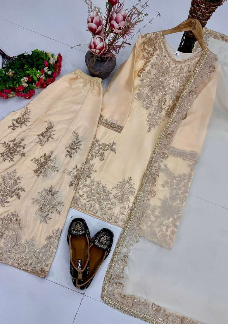 Cream Embroidery Silk Kurta Set - Indya