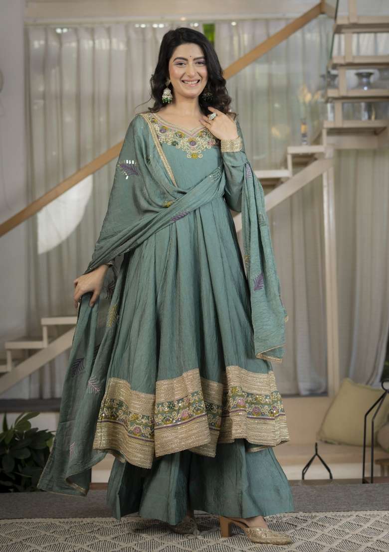 Green Embroidery Silk Anarkali Set - Indya