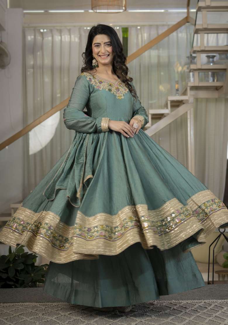 Green Embroidery Silk Anarkali Set - Indya