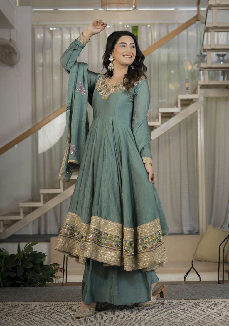 Green Embroidery Silk Anarkali Set - Indya