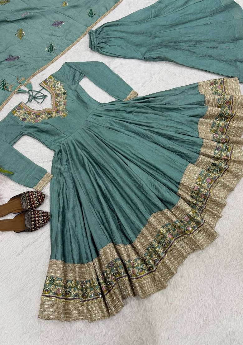 Green Embroidery Silk Anarkali Set - Indya