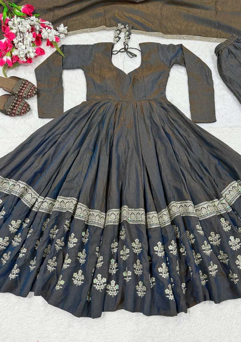 Black Embroidery Silk Anarkali Set - Indya