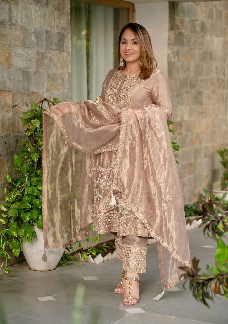 Cream Embroidery Silk Kurta Set - Indya