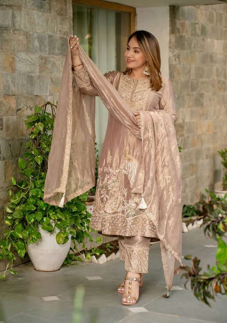 Cream Embroidery Silk Kurta Set - Indya