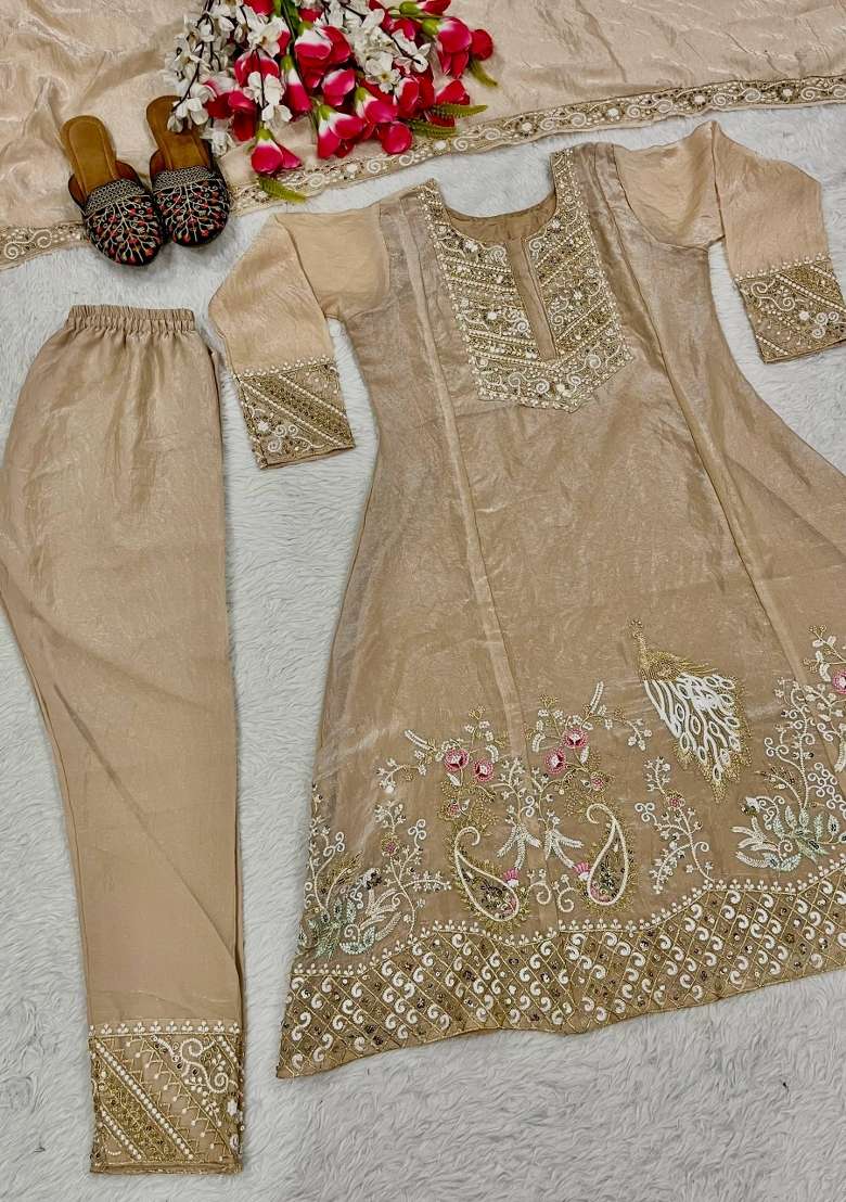 Cream Embroidery Silk Kurta Set - Indya