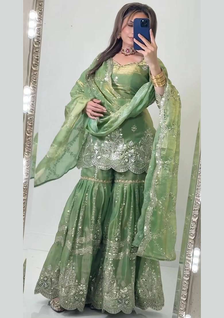 Green Embroidery Fendi Sharara Set - Indya