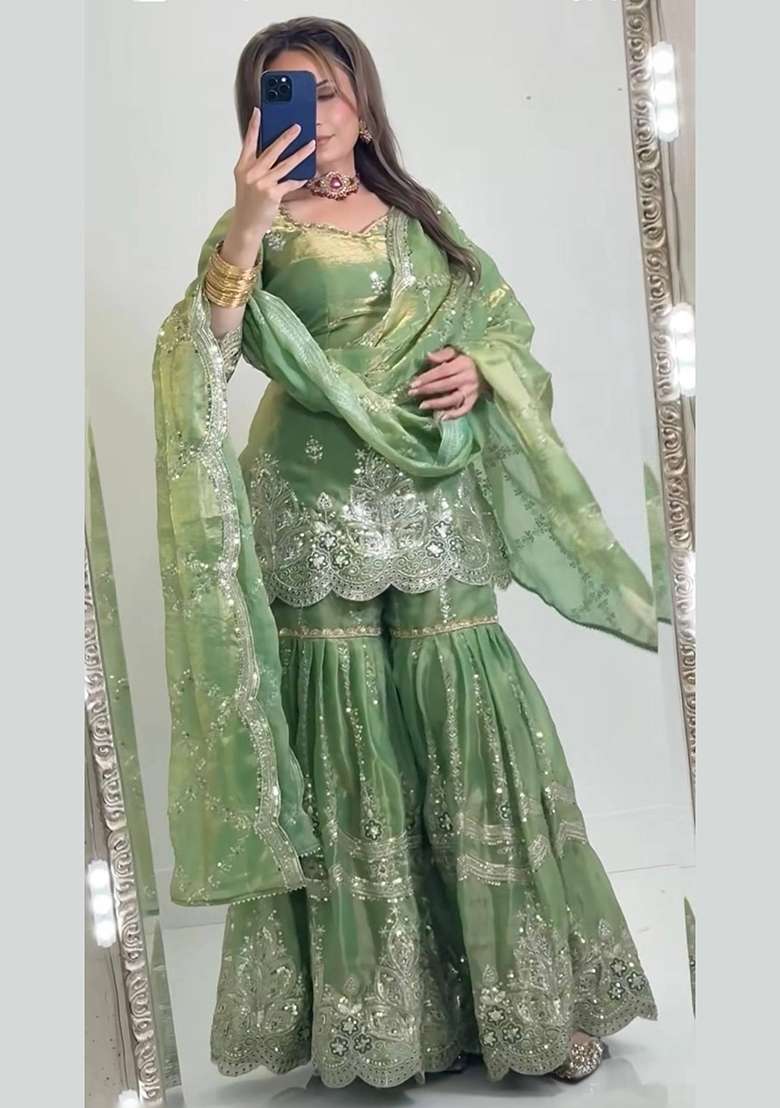 Green Embroidery Fendi Sharara Set - Indya