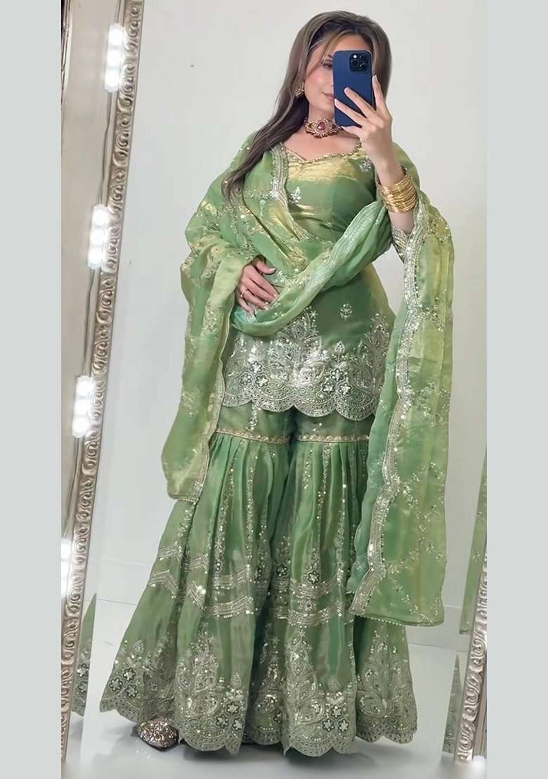 Green Embroidery Fendi Sharara Set - Indya