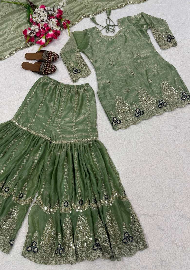 Green Embroidery Fendi Sharara Set - Indya
