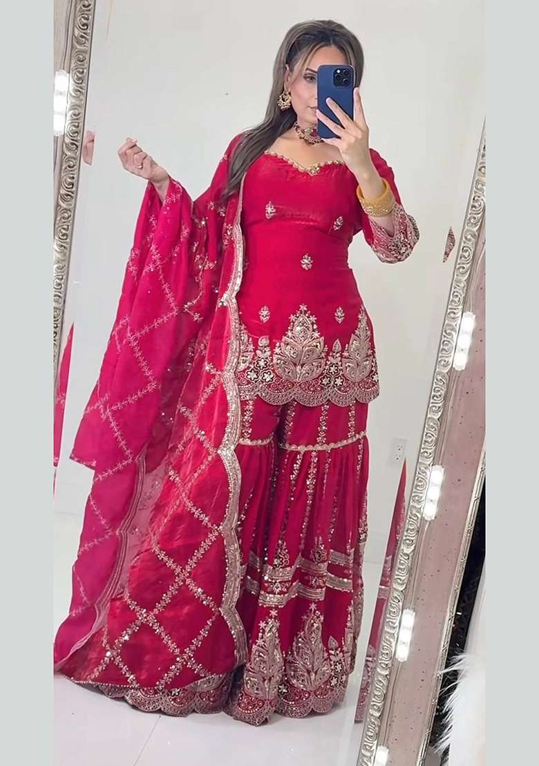 Pink Embroidery Fendi Sharara Set - Indya