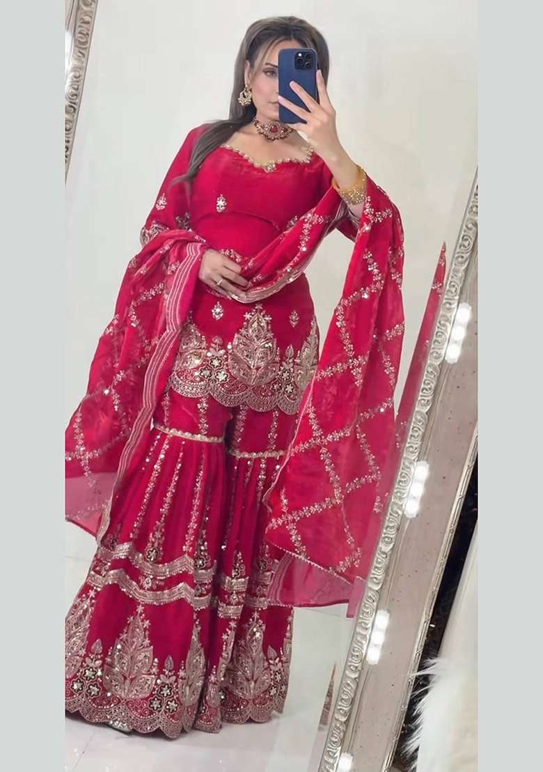 Pink Embroidery Fendi Sharara Set - Indya
