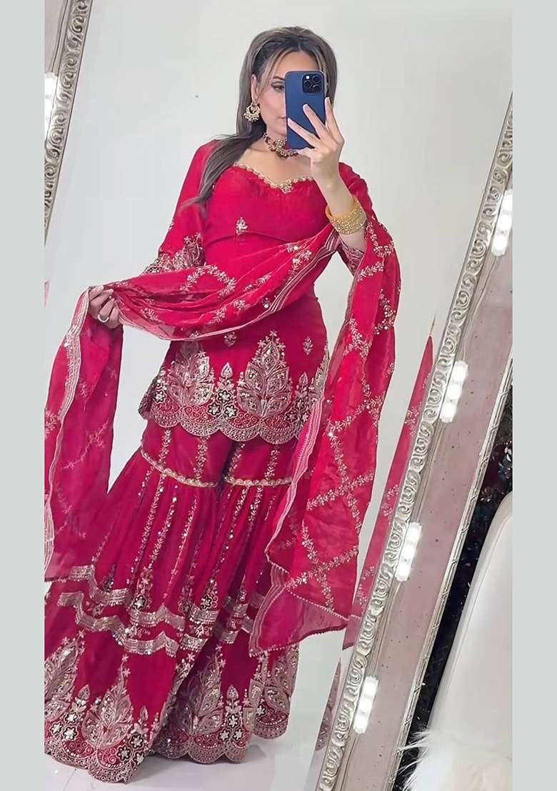 Pink Embroidery Fendi Sharara Set - Indya