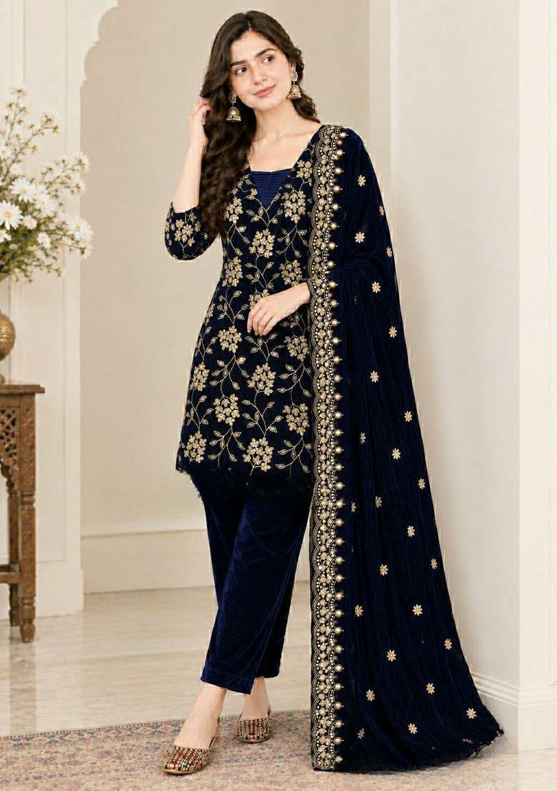Blue Embroidery Viscose Kurta Set - Indya