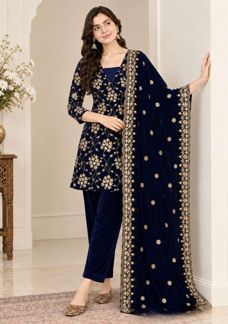 Blue Embroidery Viscose Kurta Set - Indya