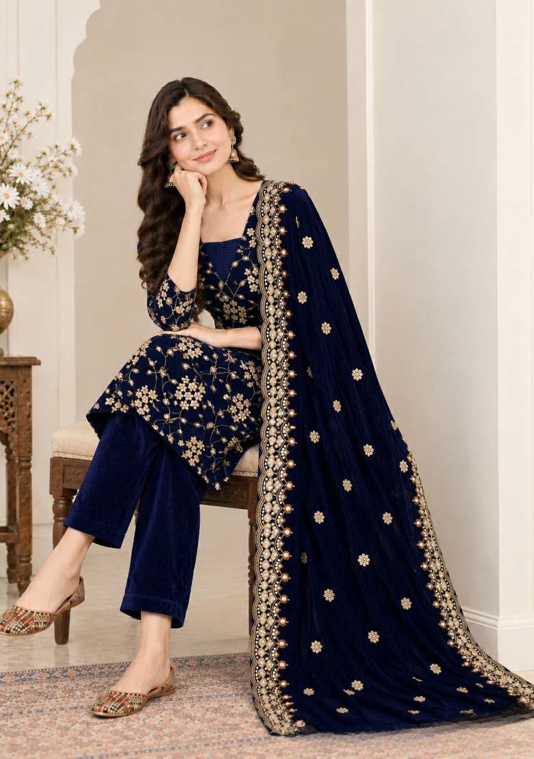 Blue Embroidery Viscose Kurta Set - Indya