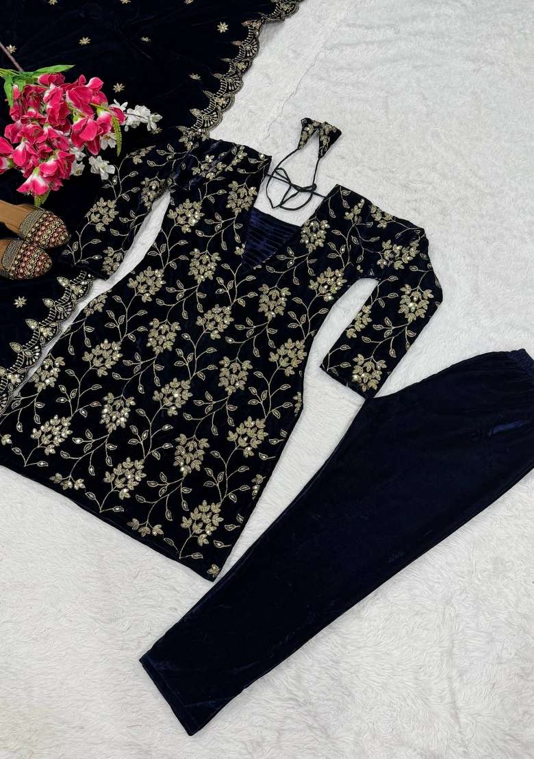 Blue Embroidery Viscose Kurta Set - Indya