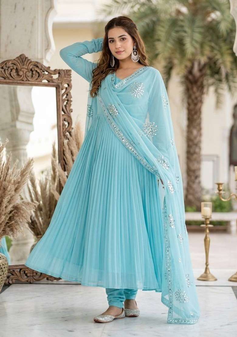 Sky Blue Embroidery Georgette Kurta Set - Indya
