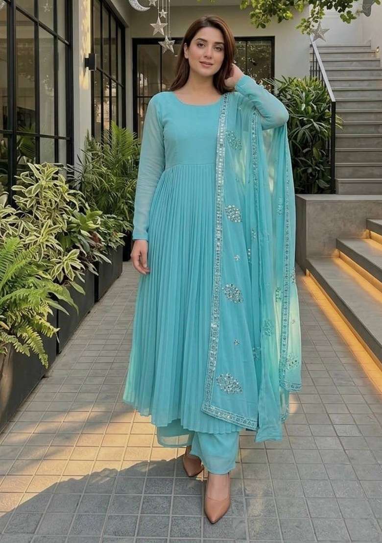 Sky Blue Embroidery Georgette Kurta Set - Indya