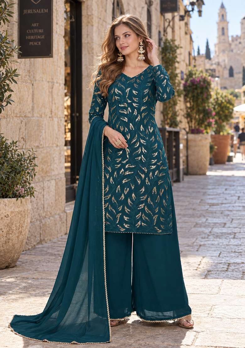 Dark Green Embroidery Georgette Kurta Set - Indya