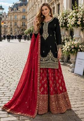 Black Embroidery Silk Kurta Set