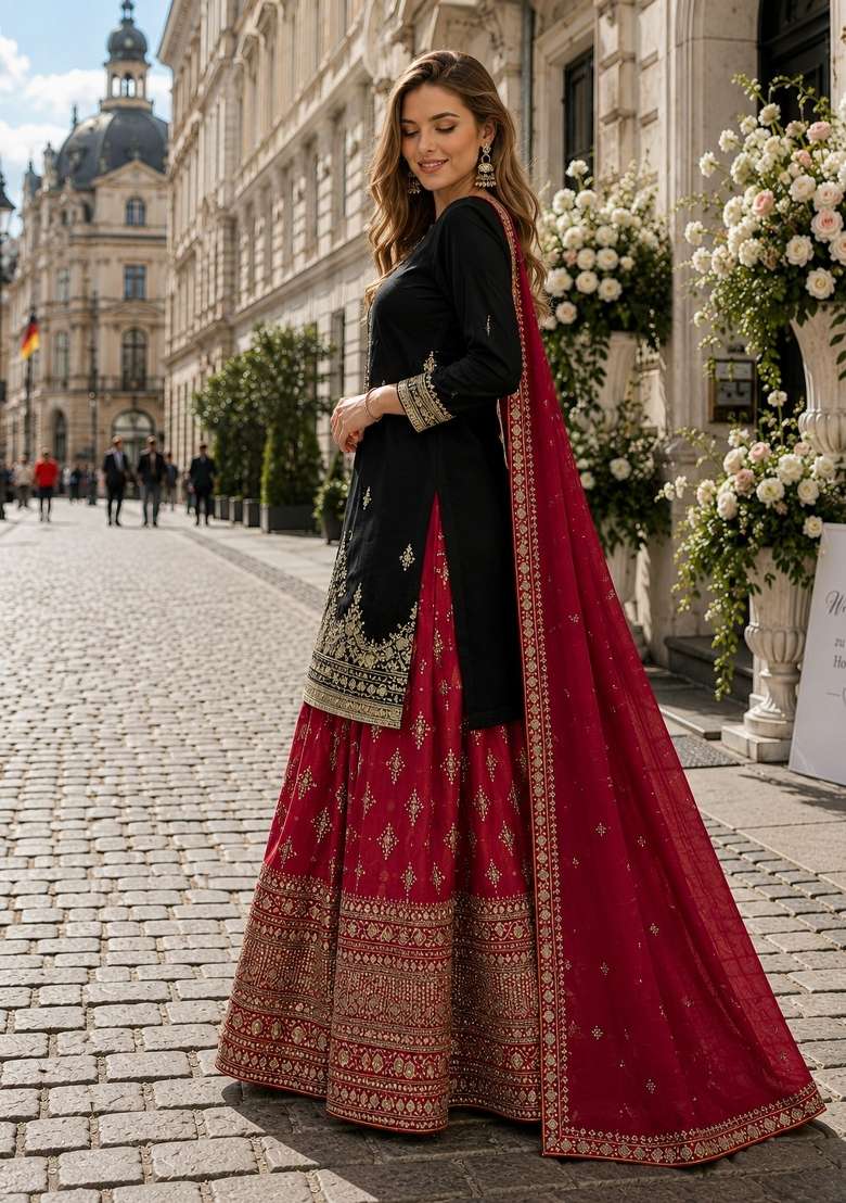 Black Embroidery Silk Kurta Set - Indya